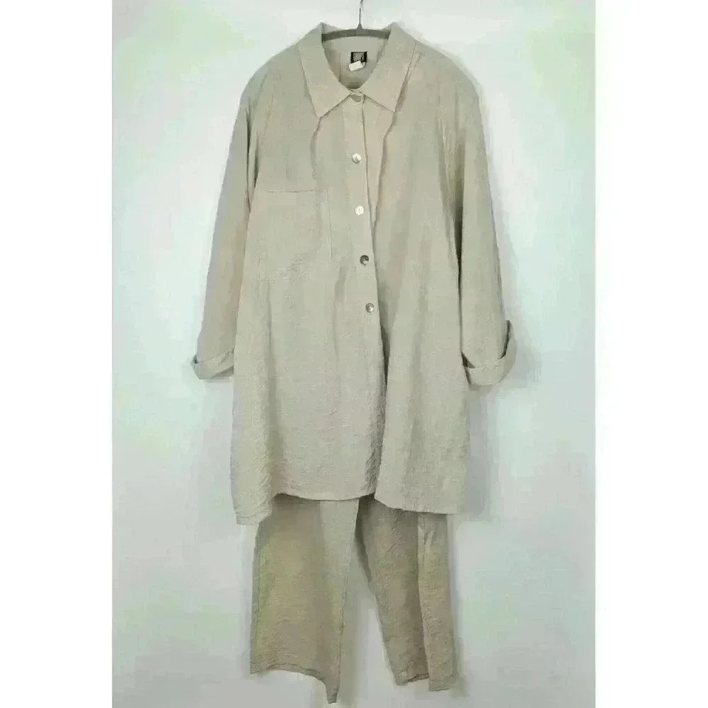Gump's Women's Two Piece Pant Set Beige Linen Look Size XL Lagenlook